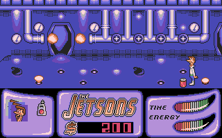 Jetsons: The Computer Game (DOS) screenshot: George must avoid black spots, fire balls, and other obstacles, collect energy cans, or use the wrenches to stop fire.
