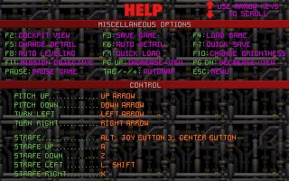Radix: Beyond the Void (DOS) screenshot: In-game help screen (v1.1).