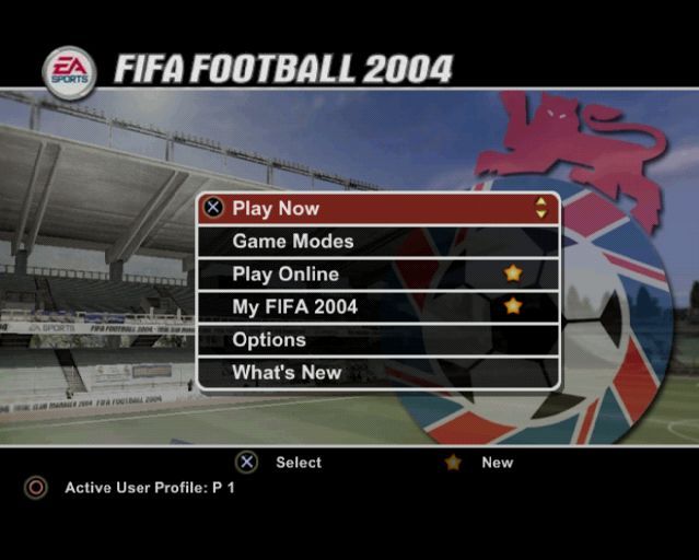 FIFA Soccer 2004 (PlayStation 2) screenshot: After selecting a league and a team the player gets through to the main menu. The stars indicate features new to this game.