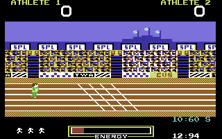 Hunchback at the Olympics (Commodore 64) screenshot: Approaching the finish line.