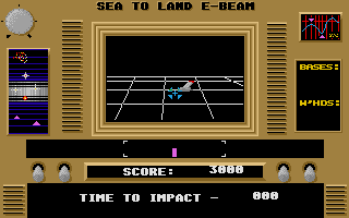 Final Legacy (Atari ST) screenshot: Attacking a target on land with a beam weapon. Quite modern, my ship to have such a thing.