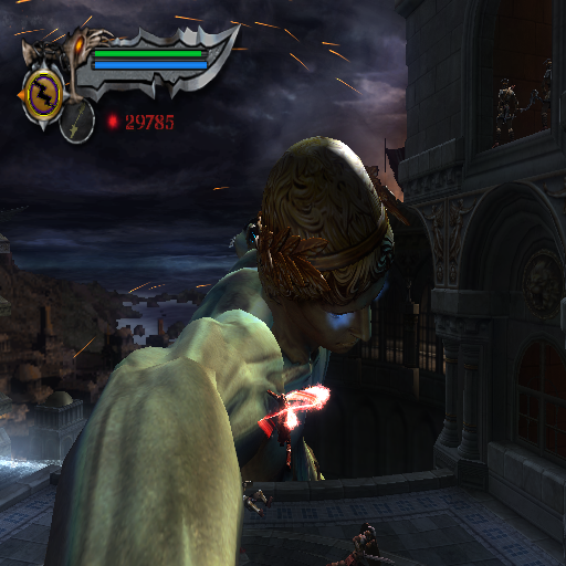 God of War II (PlayStation 2) screenshot: One of the game's several famous spectacular battles against gigantic bosses
