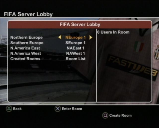FIFA Soccer 2004 (PlayStation 2) screenshot: From the FIFA Online menu, the player selects their account id and server to play with their friends.