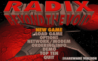 Radix: Beyond the Void (DOS) screenshot: Main menu (shareware version).