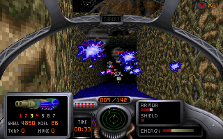 Radix: Beyond the Void (DOS) screenshot: The Plasma Spreader fires projectiles that can bounce off walls, able to hit multiple enemies at a great distance - or even around the corners.