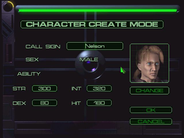 Cybermercs: The Soldiers of the 22nd Century (Windows) screenshot: Creating a character and choosing starting stats