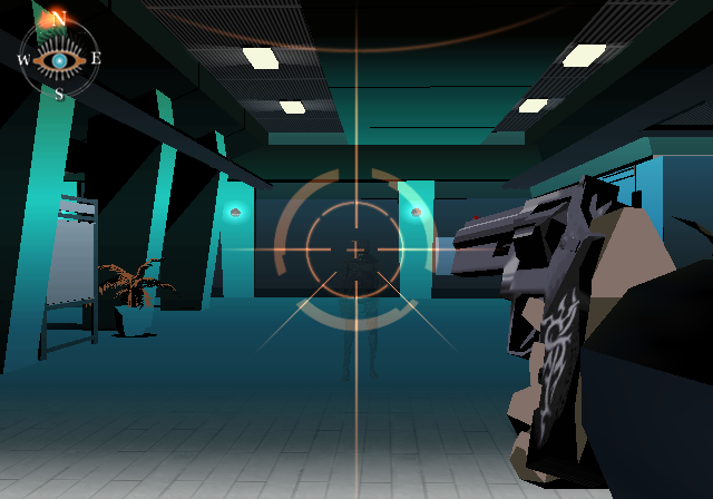 Killer7 (PlayStation 2) screenshot: Most of the game's enemies are nearly invisible - you'll have to make a quick scan to see them properly. Dan here tries to aim