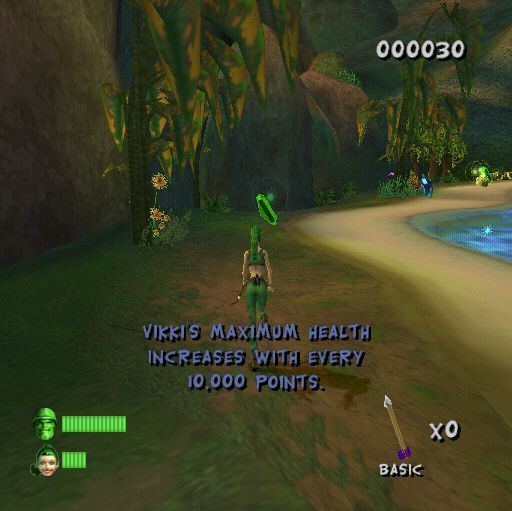 Portal Runner (PlayStation 2) screenshot: The first level is basically a tutorial. Vikki is a reporter looking for a story. Naturally this means she carries a bow and runs around picking up gems