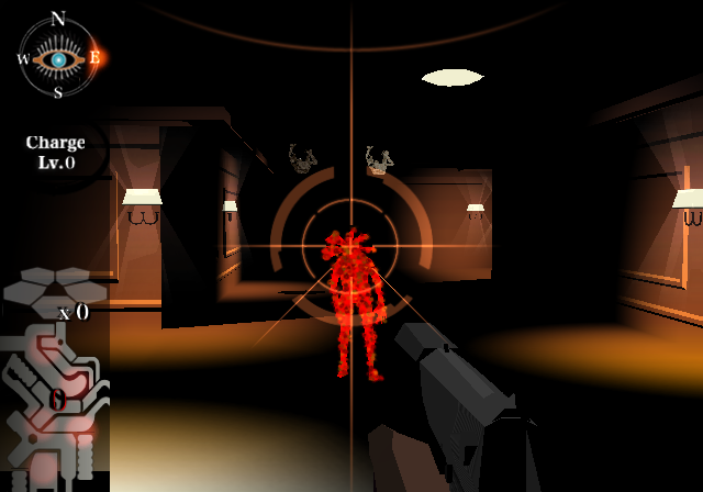 Killer7 (PlayStation 2) screenshot: Bullseye! They go all read when I hit the right critical spot. And I get blood serum, which allows me to develop my characters