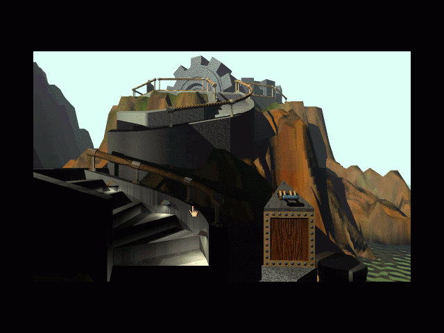 Myst (Macintosh) screenshot: Boat dock maker switch and Mechanical age gear above in distance