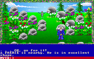 Loremaster (DOS) screenshot: Encountering a Faerie in town