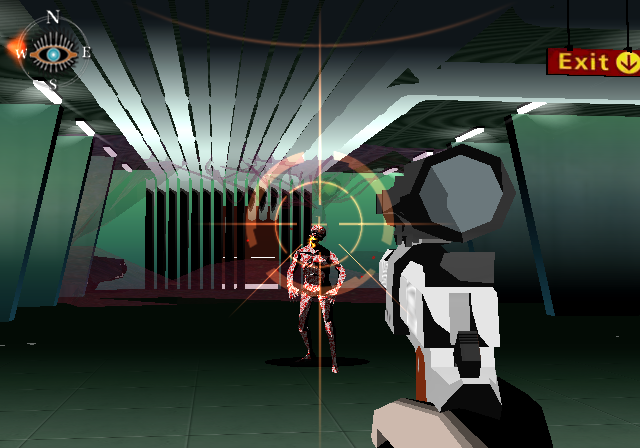 Killer7 (PlayStation 2) screenshot: Kaede uses a sniper scope - very handy! I'm about to shoot this guy...