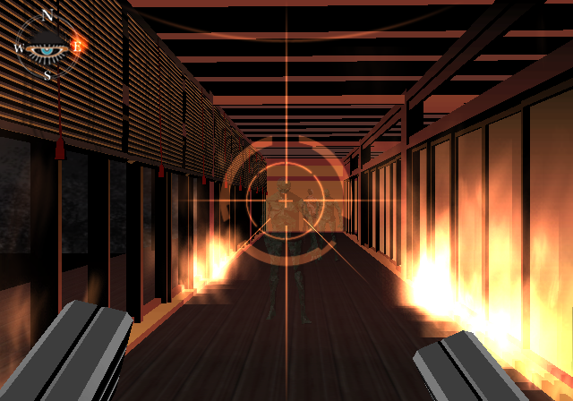 Killer7 (PlayStation 2) screenshot: Fire and massacre with Mask's double-wielded guns!