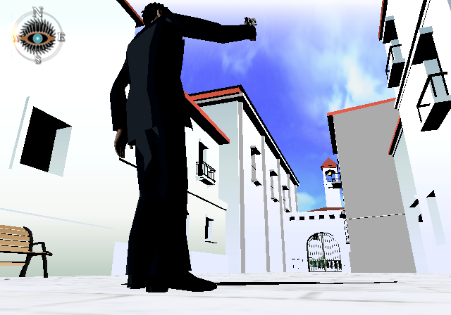 Killer7 (PlayStation 2) screenshot: Dan Smith in the stylishly white Dominican Republic