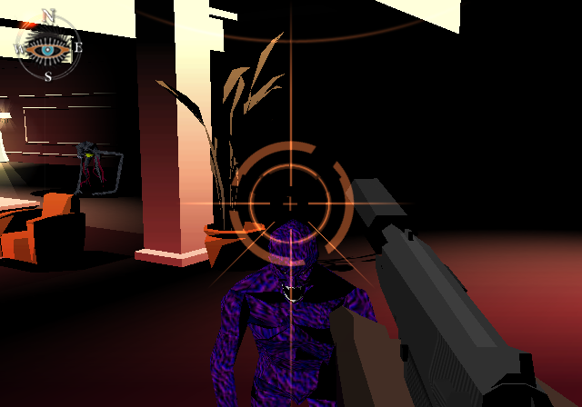 Killer7 (PlayStation 2) screenshot: Don't let the enemies come so close! This purple dude is about to inflict some damage on me
