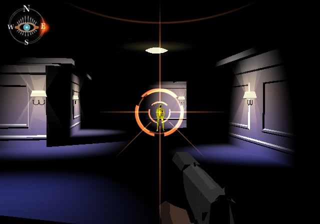 Killer7 (PlayStation 2) screenshot: One of the later missions in the game is also the biggest one. Garcian is aiming at a yellow enemy ahead