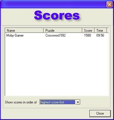 Puzzler 1000 Crosswords (Windows) screenshot: This is the high score table. The game allows multiple players to use the game so scores can be compared and ranked here.
