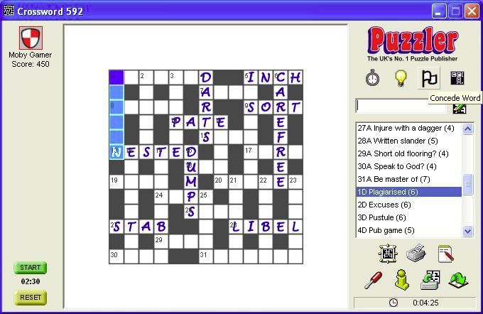 Puzzler 1000 Crosswords (Windows) screenshot: If the player is stuck there is a concede word function. There is also a concede game function for use when there is no hope