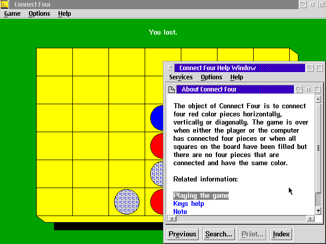 Connect Four (OS/2) screenshot: On-line help is provided.