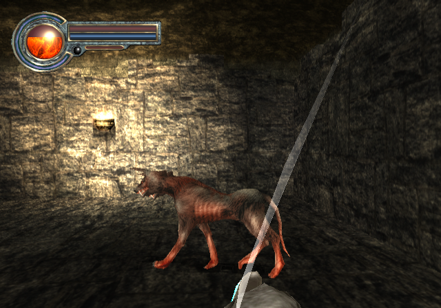 King's Field: The Ancient City (PlayStation 2) screenshot: Here, doggie, doggie! Trying to slice this beast with your brand new sword