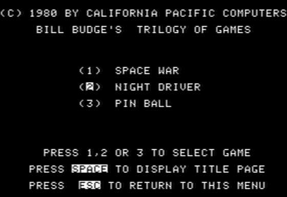 Bill Budge's Trilogy of Games (Apple II) screenshot: Choose Your Game