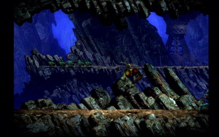Oddworld: Abe's Exoddus (PlayStation) screenshot: Flying Sligs - what a phenomenon