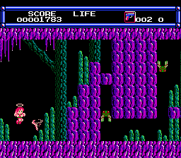 LayLa (NES) screenshot: This ain't no dead-end, you need to press down at the spot and you will teleport to the floor below. Hang around too long and a mini tornado will show up and kill you