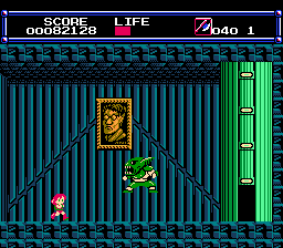 LayLa (NES) screenshot: First boss - Bamoh (Bamo) must be allergic to axes as he goes down after a single throw. Notice the picture on the wall, that's the main villain Dr. Chinelkov Manitokha
