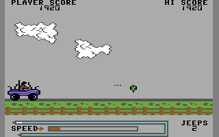 Jeep Command (Commodore 64) screenshot: Shoot the grenades.