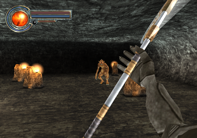 King's Field: The Ancient City (PlayStation 2) screenshot: Hey, you! Goblin! See this shiny new axe I've got?..