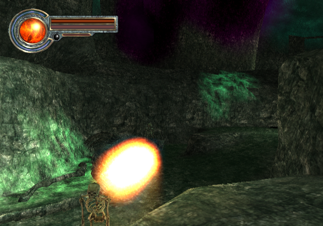 King's Field: The Ancient City (PlayStation 2) screenshot: Casting fire magic on skeletons in a greenish cave