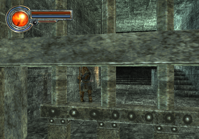 King's Field: The Ancient City (PlayStation 2) screenshot: This dude is shooting at me from behind those bars!