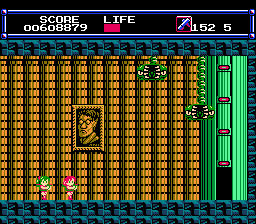 LayLa (NES) screenshot: Stage 5 boss is Taratabs. Shoot it with the Bazooka, Axes also work, but the tricky part is getting the timing right for the throw as they move up and down quickly