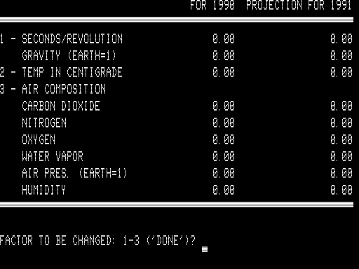 Project Omega (TRS-80) screenshot: Altering Crew Environment