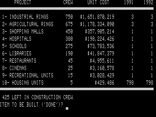 Project Omega (TRS-80) screenshot: Construction Menu