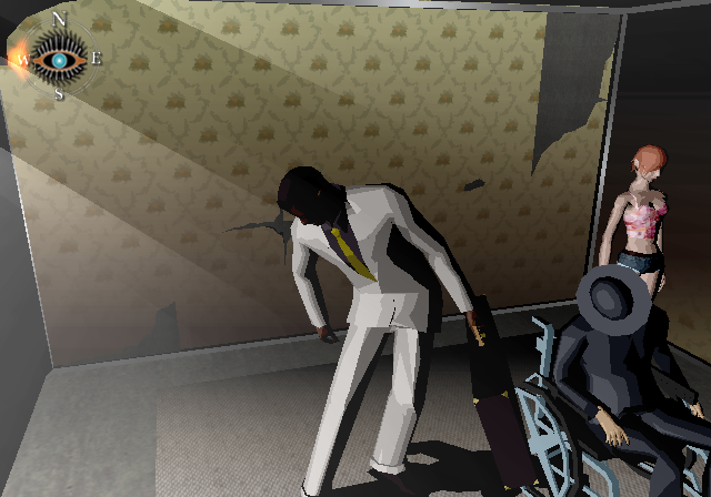 Killer7 (PlayStation 2) screenshot: Most missions begin in Garcian's house. Harman and Samantha are usually present. If you don't do anything for a while, Garcian will arrange his clothes