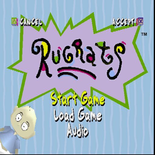 Rugrats: Search for Reptar (PlayStation) screenshot: The game's main menu. The background changes frequently and various Rugrats pop up in the corners