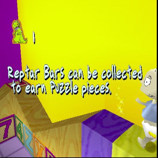 Rugrats: Search for Reptar (PlayStation) screenshot: The main game is about collecting Reptar Bars. These are available in the tutorial too