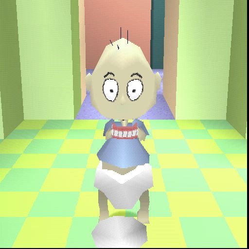Rugrats: Search for Reptar (PlayStation) screenshot: Finding teeth on the bathroom floor triggers the Grandpa's Teeth mini game.