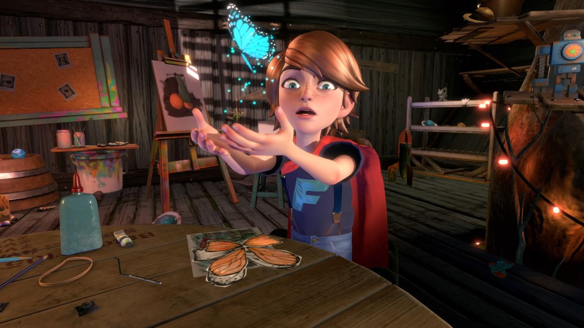 Blackwood Crossing (PlayStation 4) screenshot: Finn is making paper butterflies real