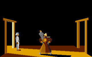 Karateka (Atari ST) screenshot: The big bad guy is ordering more of his fighters after me. Somehow it is strange: all those fighters have different hats