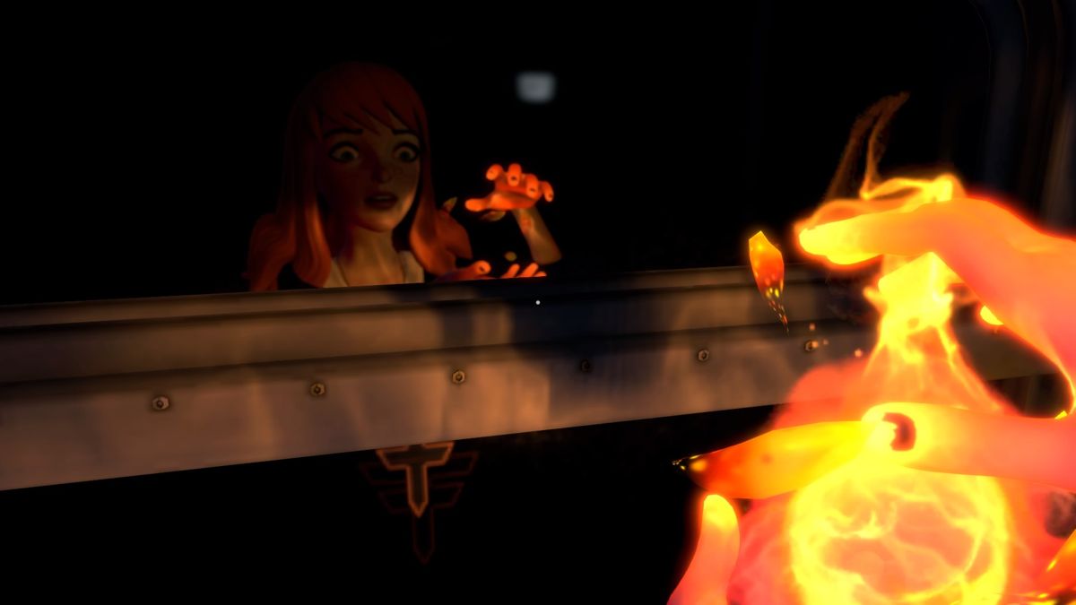 Blackwood Crossing (PlayStation 4) screenshot: Looking at Scarlett's reflection on a train window while she's holding a flame