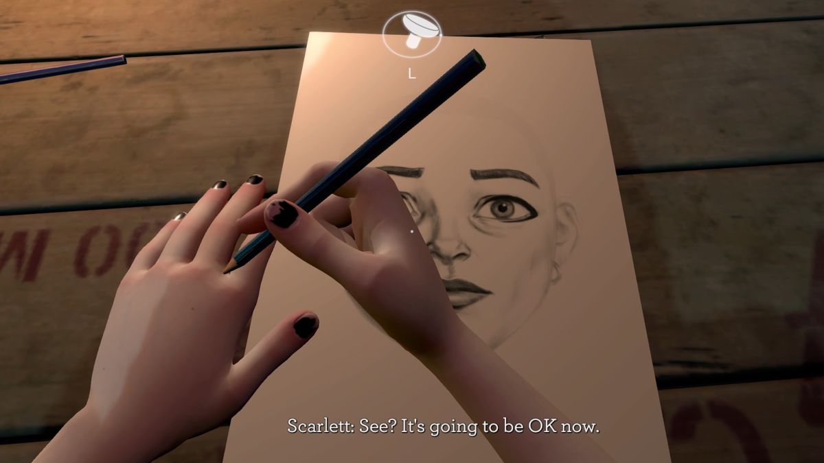 Blackwood Crossing (PlayStation 4) screenshot: Scarlett drawing a picture of her mom