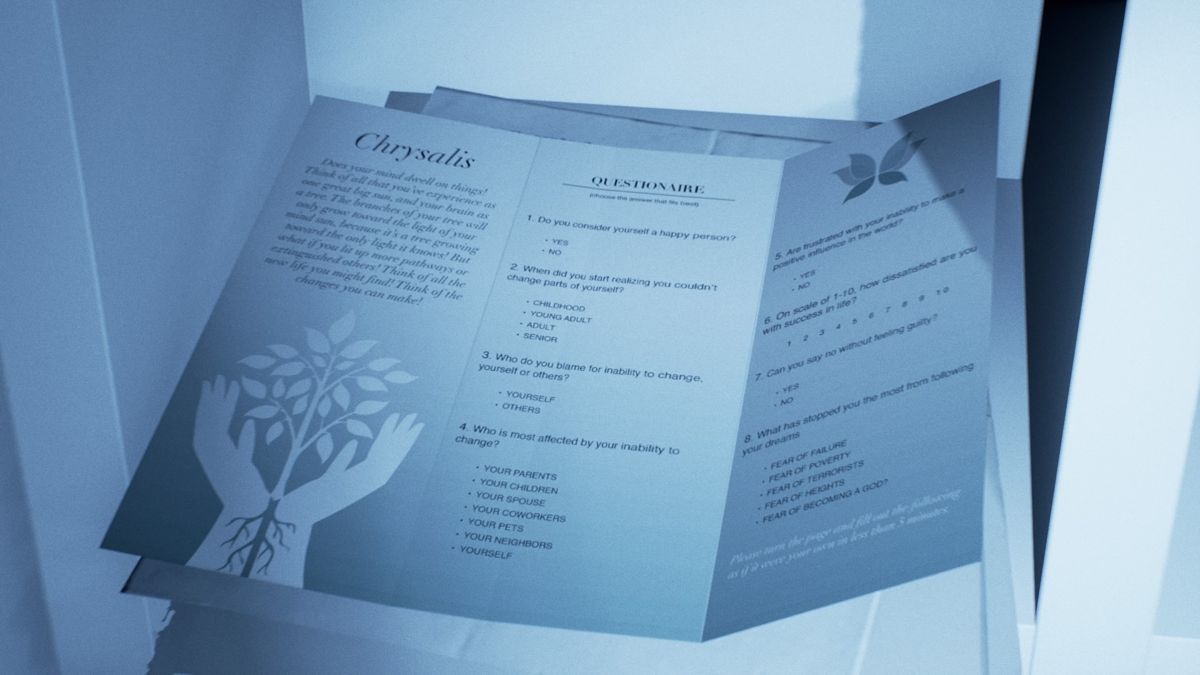 Asemblance (PlayStation 4) screenshot: Chrysalis questionnaire pamphlet