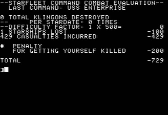 Super Stellar Trek (Apple II) screenshot: Final Score