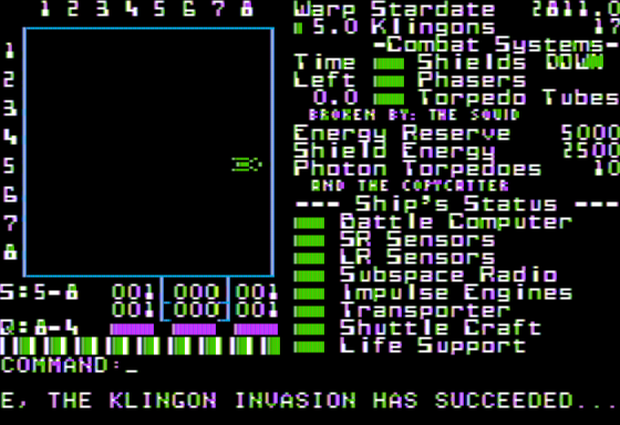 Super Stellar Trek (Apple II) screenshot: I have Failed my Mission
