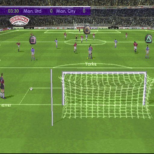 FIFA 2001: Major League Soccer (PlayStation) screenshot: A goal kick. The symbols show who the keeper can pass the ball to. The same idea is used for corners and throw-ins. The current active player, Yorke, is nowhere near any of them