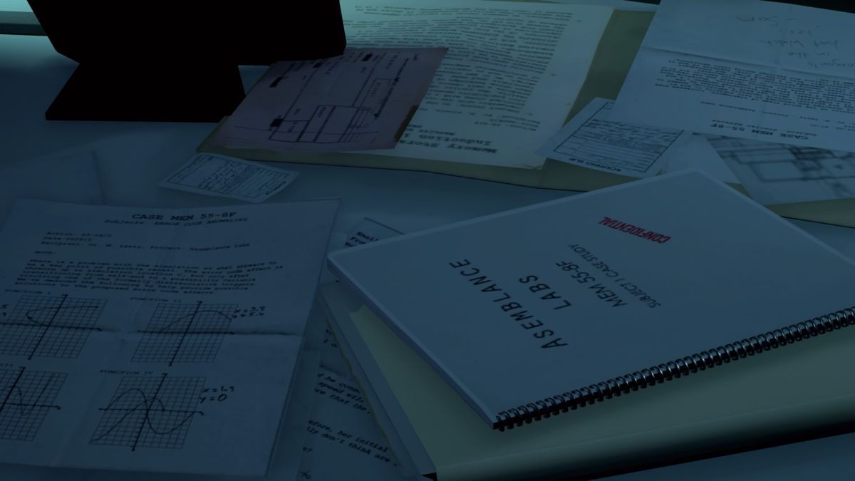 Asemblance (PlayStation 4) screenshot: Zooming in on the documents on the desk in your office