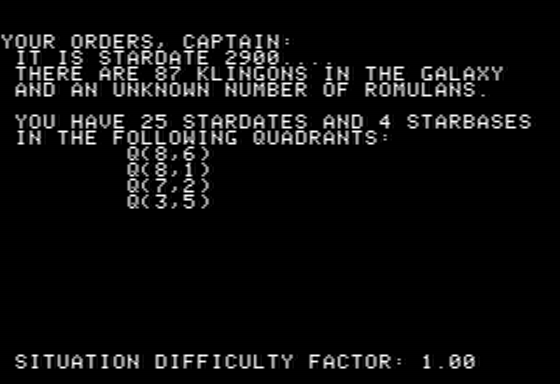 Super Stellar Trek (Apple II) screenshot: Mission Overview