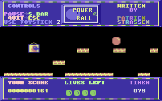 Powerball (Commodore 16, Plus/4) screenshot: Jumping over the gaps.